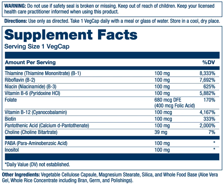 Solaray Vitamin B-Complex 100 Supplement Facts, ingredients, and directions