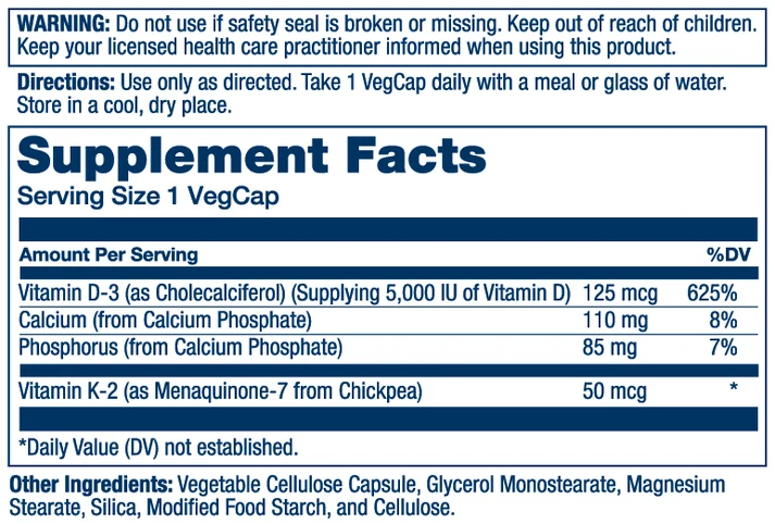 Solaray Vitamin D3 + K2 Supplement Facts, ingredients, and directions